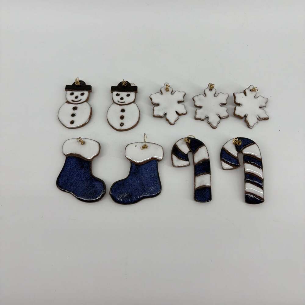 Set Of 9 Handmade Glazed Pottery Blue & White Christmas Ornaments Gold Wire Hang